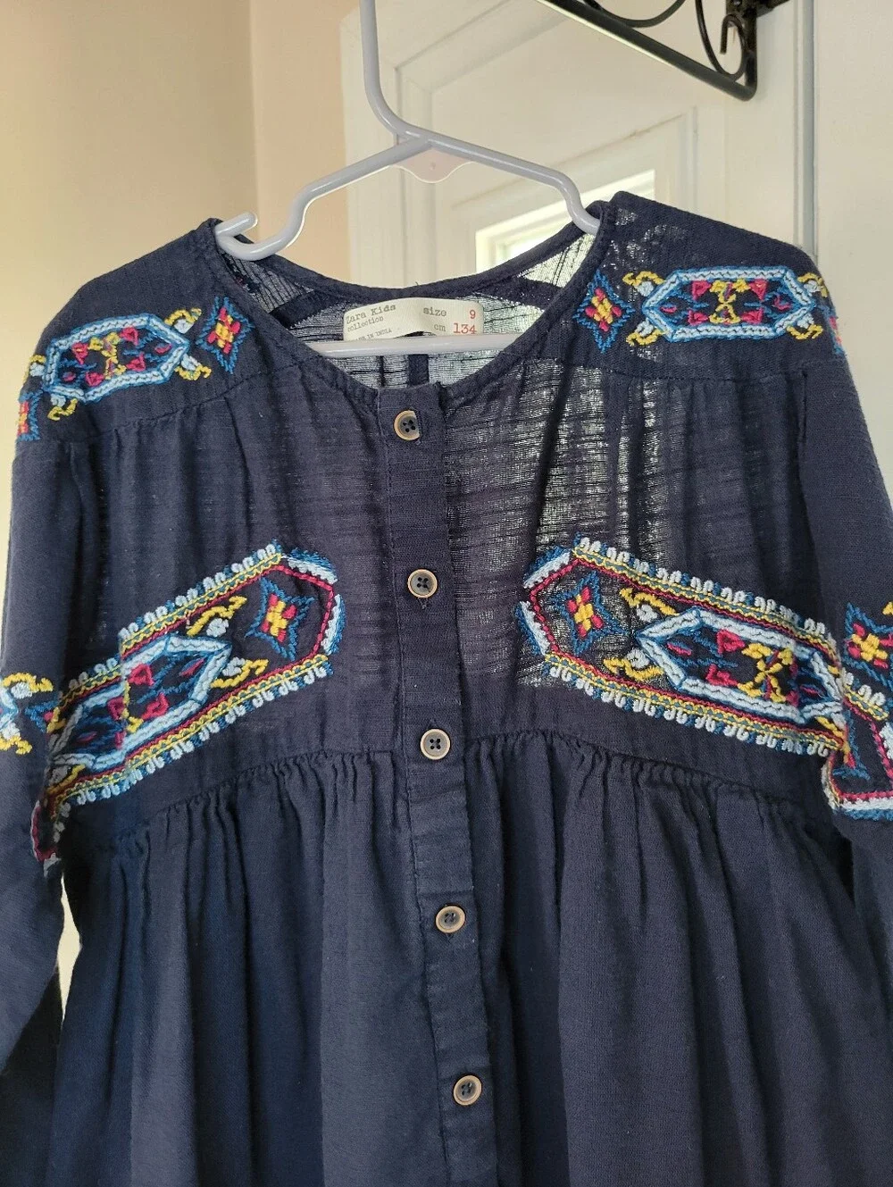 Zara Kids Bohemian‎ Embroidered Floral Navy Blue Cotton Dress, Size 9 Kids